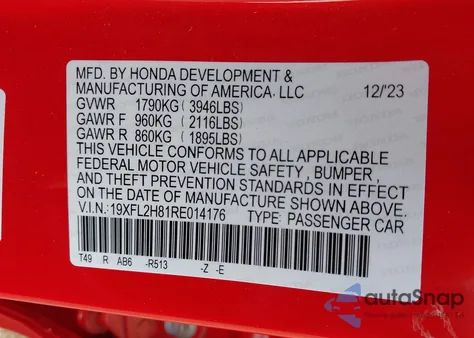 2024 Honda Civic Sport из США, поврежденный, VIN 19XFL2H81RE014176